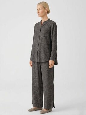 001 EILEEN FISHER Women's Plisse Long Shirt & Wide Leg Ankle Pant - Taupe, Large